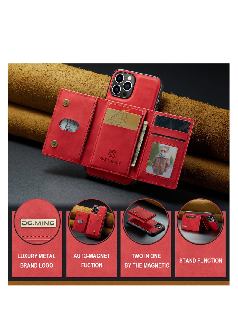 Wallet Case Compatible with iPhone 14 Pro Max DG-MING Premium Leather Phone Case Back Cover Magnetic Detachable with Trifold Wallet Card Holder Pocket for iPhone 14 Pro Max (Red)