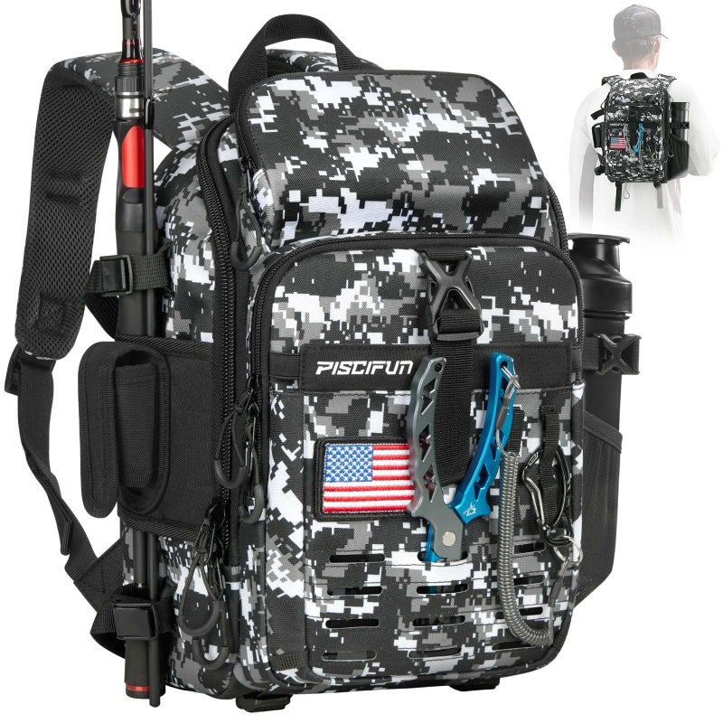 Piscifun Fishing Tackle Backpack with Rod Gear Holder Lightweight Outdoor WaterResistant Fishing Shoulder Storage Bag with Protective Rain Cover Digital Camouflage - Image 2