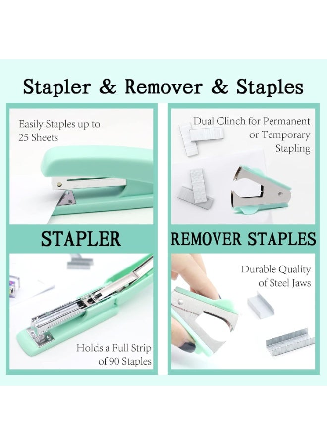 Desktop Office Supplies Set, Including Stapler, Scissors, Tape Dispenser And Accessories, Soft Colors, Office Desk Accessories, Gifts For Students And Colleagues (Green) - Image 2