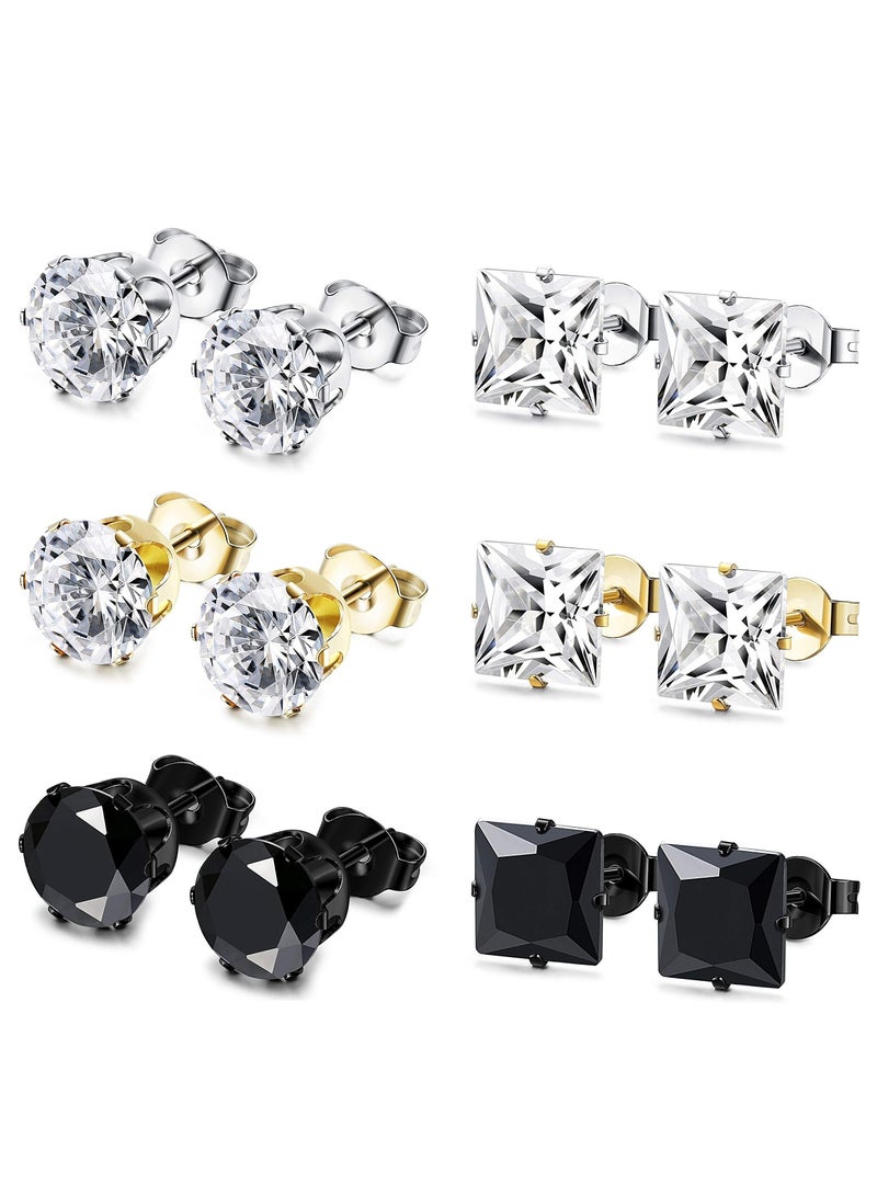 KASTWAVE 6 Pairs Stainless Steel Stud Earrings for Men Silver Gold Black Round Square Earrings Inlaid Cubic Zirconia Men Earrings Stud Earrings for Women Men 4-8MM - Image 1