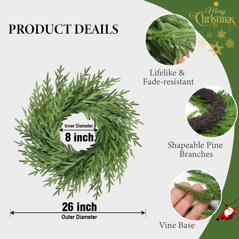 Amorise 26" Christmas Wreath for Front Door,Real Touch Artificial Norfork Pine Wreath for Outoor Inooor Porch,Window,Wall,Xmas,Thanksgiving Day Home Decor - Image 4