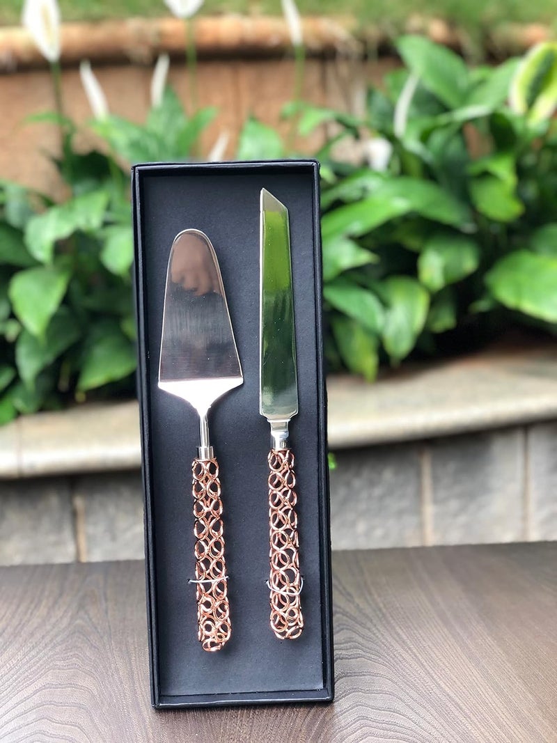 CREATIVE HANDS By Sheetal Cake Set A Knife Spatula Steel with Brass Handle - Image 2