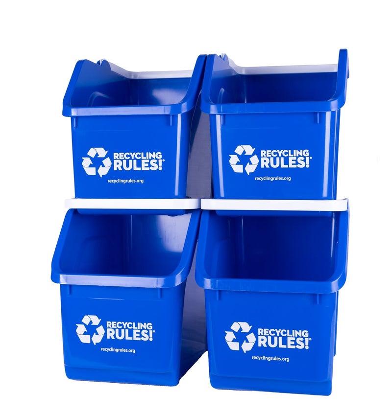 Recycling Rules 6 Gallon Stackable Recycling Bin Container in Blue EcoFriendly BPAFree Handy Recycler with Handle 4Pack