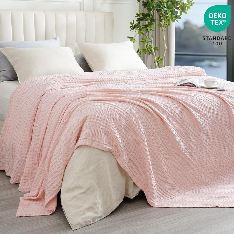 PHF Bamboo Cotton Waffle  Blanket, Queen Size (228 cm x 228 cm) for Couch, Bed, Snag Proof for Spring Summer Lightweight Breathable, Pink - Image 3