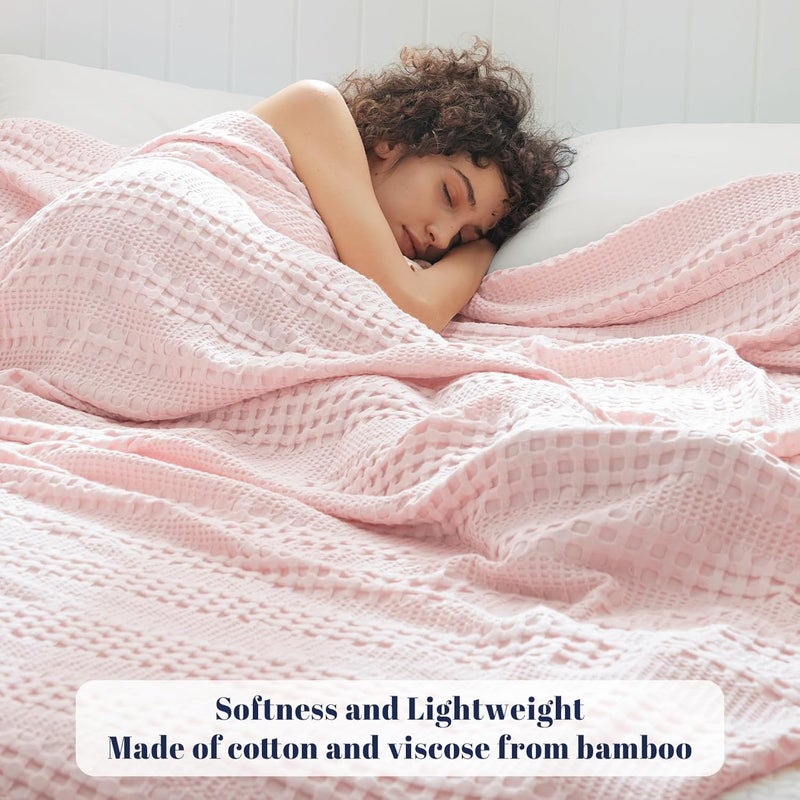 PHF Bamboo Cotton Waffle  Blanket, Queen Size (228 cm x 228 cm) for Couch, Bed, Snag Proof for Spring Summer Lightweight Breathable, Pink - Image 2