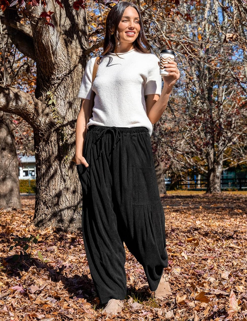 TARSE Womens Corduroy Barrel Pants Casual Loose Elastic Waist Drawstring Travel Vacation Palazzo Harem Pants with Pockets, Black, S - Image 2
