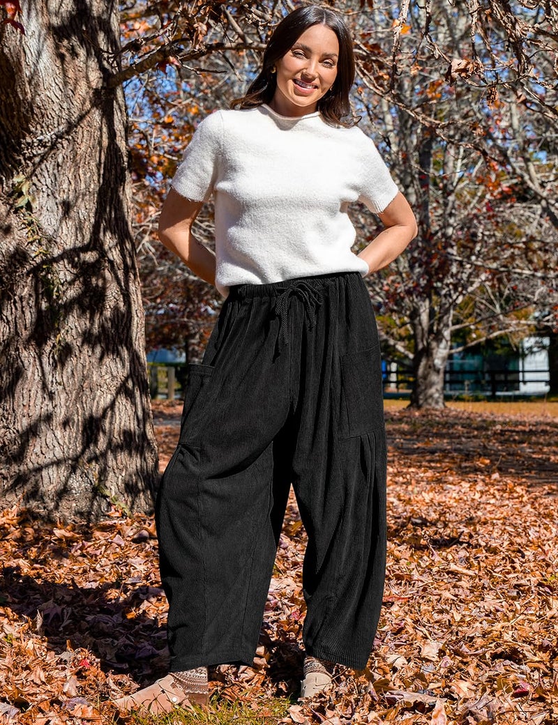 TARSE Womens Corduroy Barrel Pants Casual Loose Elastic Waist Drawstring Travel Vacation Palazzo Harem Pants with Pockets, Black, S - Image 4
