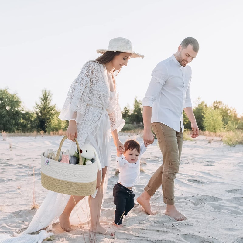 KiddyCare منظم حفاضات كيدي كير المنسوج، سلة أطفال محمولة كبيرة رمادية متعددة الوظائف مع مقبض، هدية للأطفال للأولاد/البنات لتخزين الحضانة، التنظيم، ومنظم حفاضات السيارة العصري الطبيعي كبير جداً - Image 3