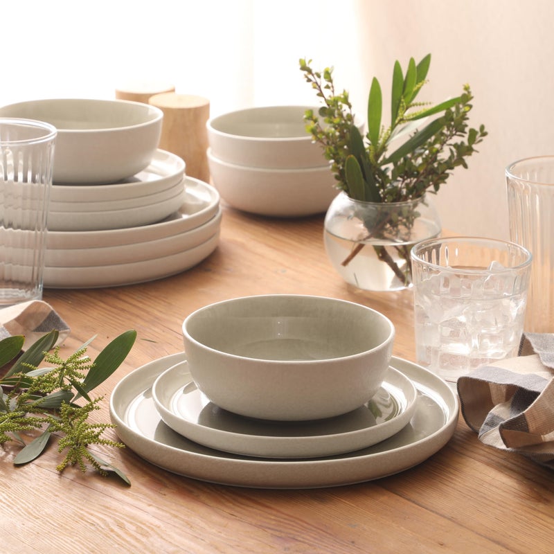 Gibson Elite Tahoe Sunset 12-Piece Reactive Stoneware Dinnerware Set â€“ Matte Exterior & Shiny Interior Plates and Bowls, Durable Everyday Dish Set, Microwave & Dishwasher Safe - Grey - Image 4