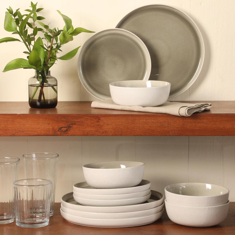 Gibson Elite Tahoe Sunset 12-Piece Reactive Stoneware Dinnerware Set â€“ Matte Exterior & Shiny Interior Plates and Bowls, Durable Everyday Dish Set, Microwave & Dishwasher Safe - Grey - Image 5