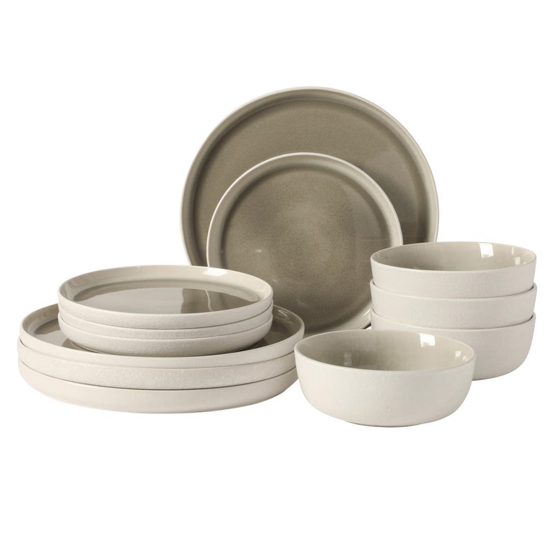Gibson Elite Tahoe Sunset 12-Piece Reactive Stoneware Dinnerware Set â€“ Matte Exterior & Shiny Interior Plates and Bowls, Durable Everyday Dish Set, Microwave & Dishwasher Safe - Grey - Image 1