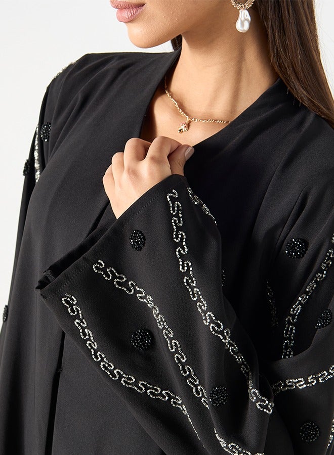 JAMEELA Jet Black Abaya with tones of silver embellished sleeve - Image 2