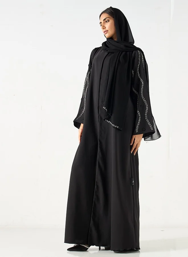 JAMEELA Jet Black Abaya with tones of silver embellished sleeve