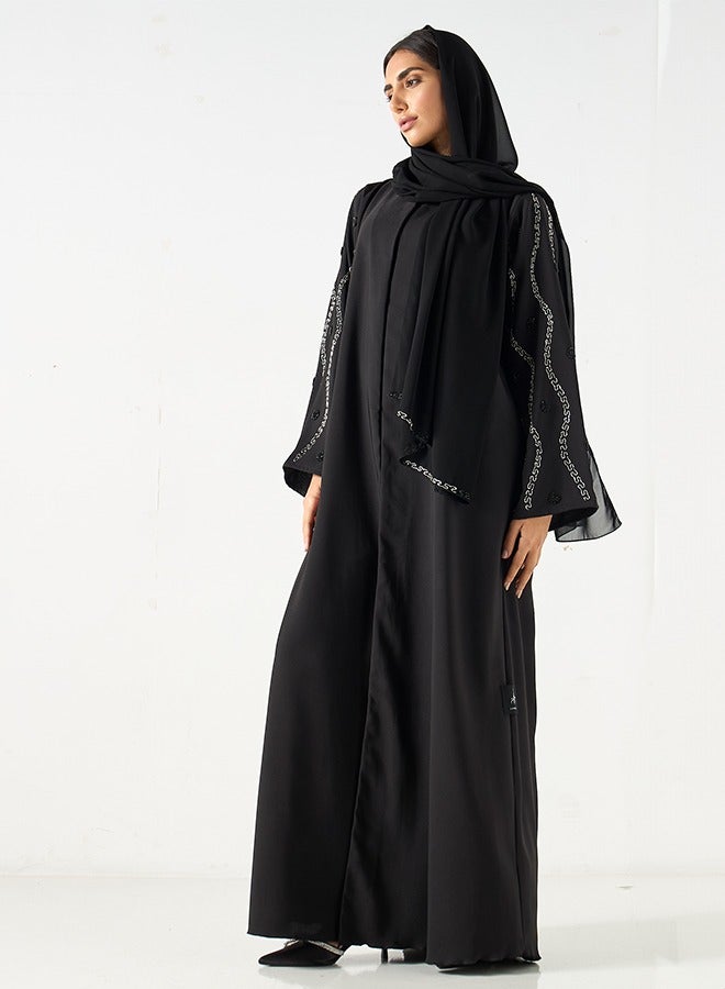 JAMEELA Jet Black Abaya with tones of silver embellished sleeve - Image 3