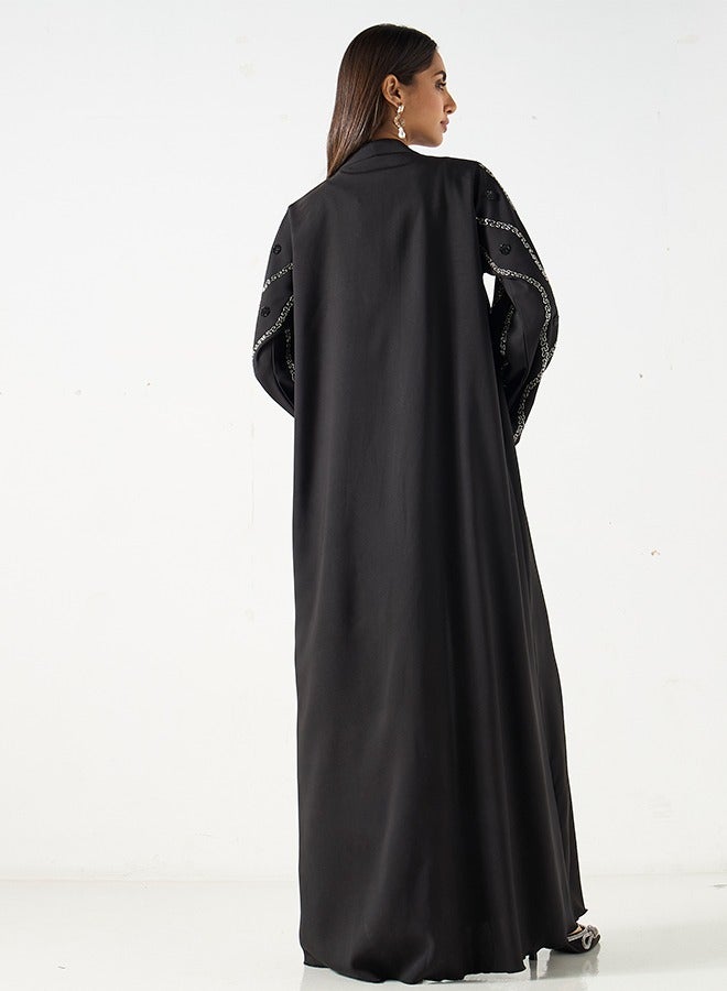 JAMEELA Jet Black Abaya with tones of silver embellished sleeve - Image 4