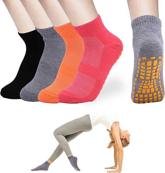 WKLOUYHE Women's Non-Slip Yoga Socks - 4 Pairs, Breathable, Soft & Comfortable Grip Sock for Yoga, Pilates, Running - Summer Winter Short Socks with Silicone Grip for Women_Multicolour,Free Size - Image 1