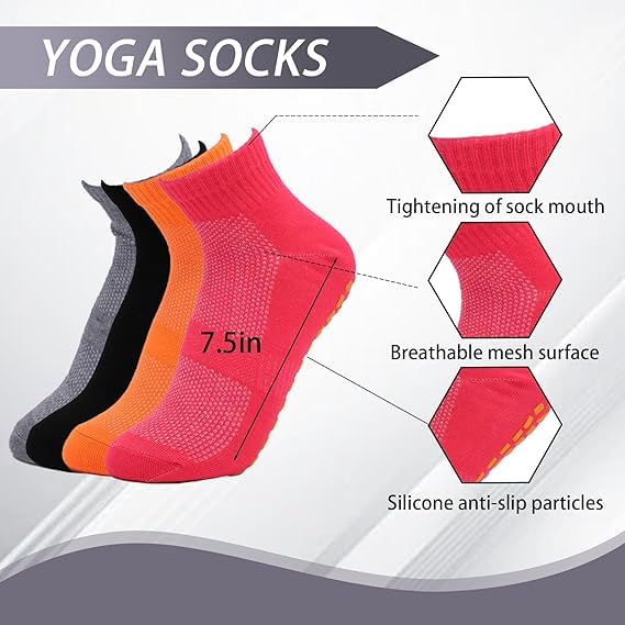 WKLOUYHE Women's Non-Slip Yoga Socks - 4 Pairs, Breathable, Soft & Comfortable Grip Sock for Yoga, Pilates, Running - Summer Winter Short Socks with Silicone Grip for Women_Multicolour,Free Size - Image 2