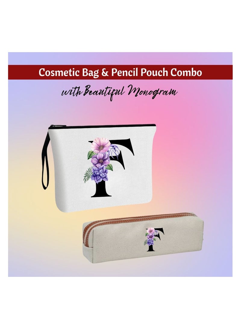 برينت شوب فور مي حقيبة مستحضرات تجميل مزينة بأحرف اسم أولية وحقيبة أقلام زهرية - مجموعة أحرف اسم أولية من A إلى Z للبنات والنساء - مجموعة هدايا للأصدقاء أو البنات أو زملاء العمل - مثالية للمدرسة والعمل والسفر - Image 2