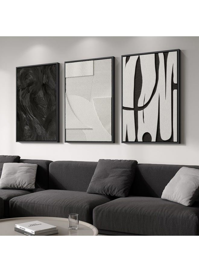 Cuspin Large 3D Textured Framed Black and White Abstract Wall Art for Living Room, 3 Piece Modern Paintings Artwork for Walls, Minimalist Black White Pictures for Hallway Office Wall Decor 24x36 In - Image 1