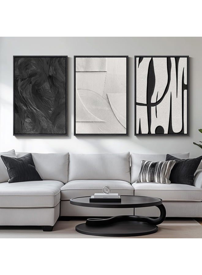 Cuspin Large 3D Textured Framed Black and White Abstract Wall Art for Living Room, 3 Piece Modern Paintings Artwork for Walls, Minimalist Black White Pictures for Hallway Office Wall Decor 24x36 In - Image 3