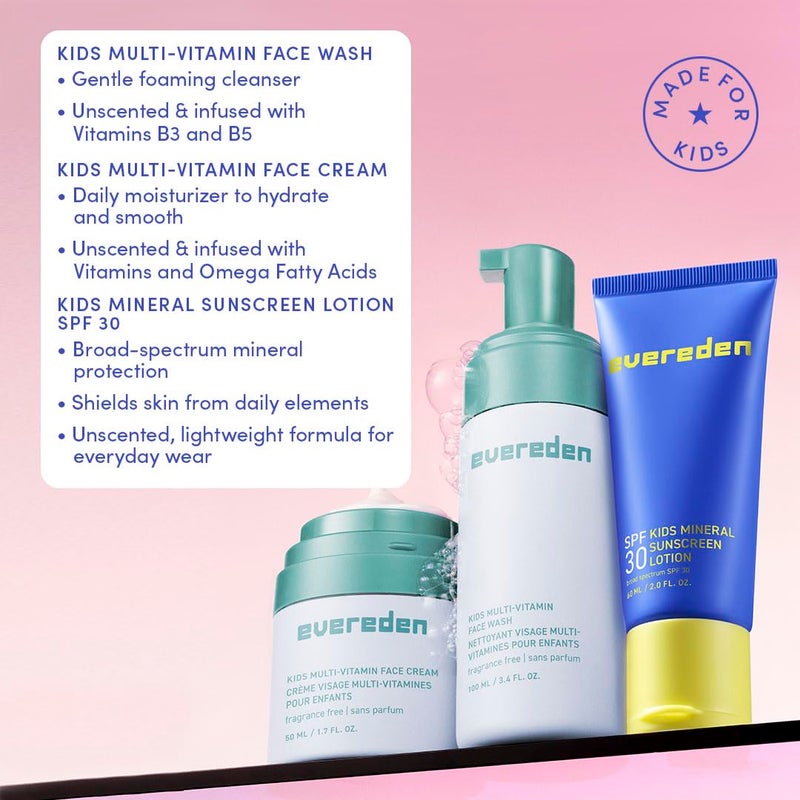 Evereden Kids Daily 1-2-3 Routine Bundle: Clean & Vegan Skincare for Kids â€“ Hydrating & Gentle Tween Skincare Set with Multi-Vitamin Face Wash, Face Cream, & SPF 30 Mineral Sunscreen - Image 2