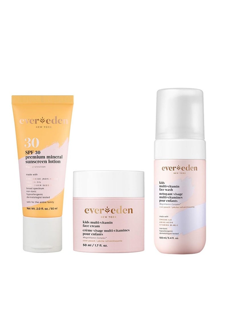 Evereden Evereden Daily 1-2-3 Routine Bundle: Clean & Vegan Skin Care Set for Kids - Hydrating & Nourishing Tween Skincare Set with Multi-Vitamin Face Wash, Face Cream, Lotion, & SPF 30 Mineral Sunscreen  - Image 1