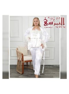 النمرسي بيجامة عروسة 3 قطع ابيض مطرزة بريش  - Image 1