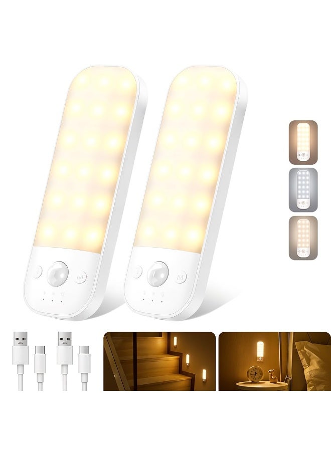 HASTHIP® Motion Sensor Lights Indoor, 2 Pack USB Rechargeable LED Night Light with 3 Modes, 3 Light Color, Stepless Dimmable, with Removable Magnet Sheet Stick-On Cupboard - Image 1