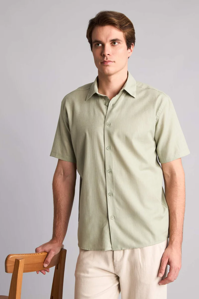 Defacto  Regular Fit Shirt Collar Linen Blended Short Sleeve Shirt for Men | Best Price UAE