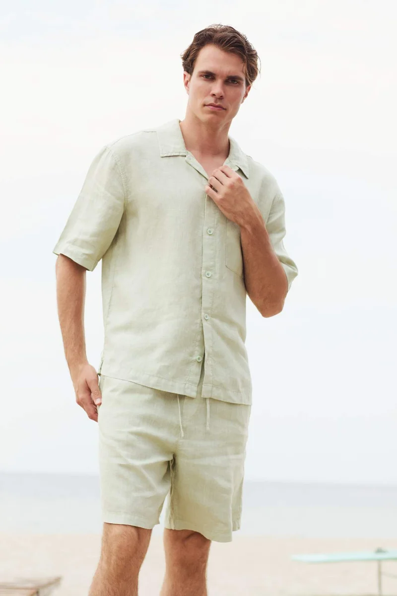 Regular Fit Shirt Collar Linen Blended Short Sleeve Shirt