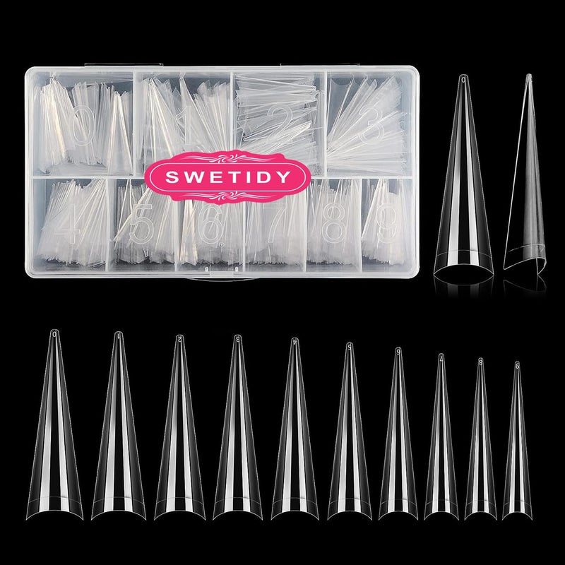 SWETIDY 500PCS Stiletto Nail Tips SWETIDY Extra Long Nails Clear Nail Tips Half Cover XL Stiletto Shape Acrylic Pointed Nails for Halloween Salon and Home DIY 10 Sizes with Box 5.9 Ounce - Image 1