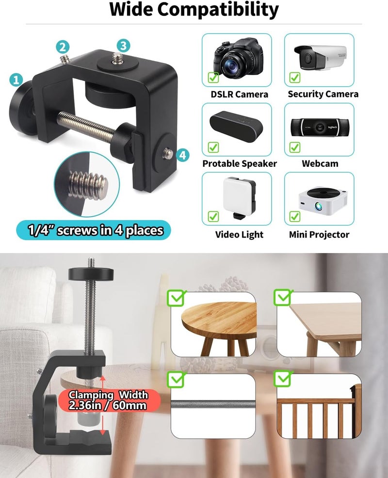 JEBUTU Universal C-Clamp With 1/4 Screw Rubber 360°Rotatable Ball Head Camera Mount Adapter for Tripod Monopod Desk Mount Holder LCD Monitor Flash Cart Bench Worktable Light Stand Rod Hook Shelves Cross Bar - Image 3