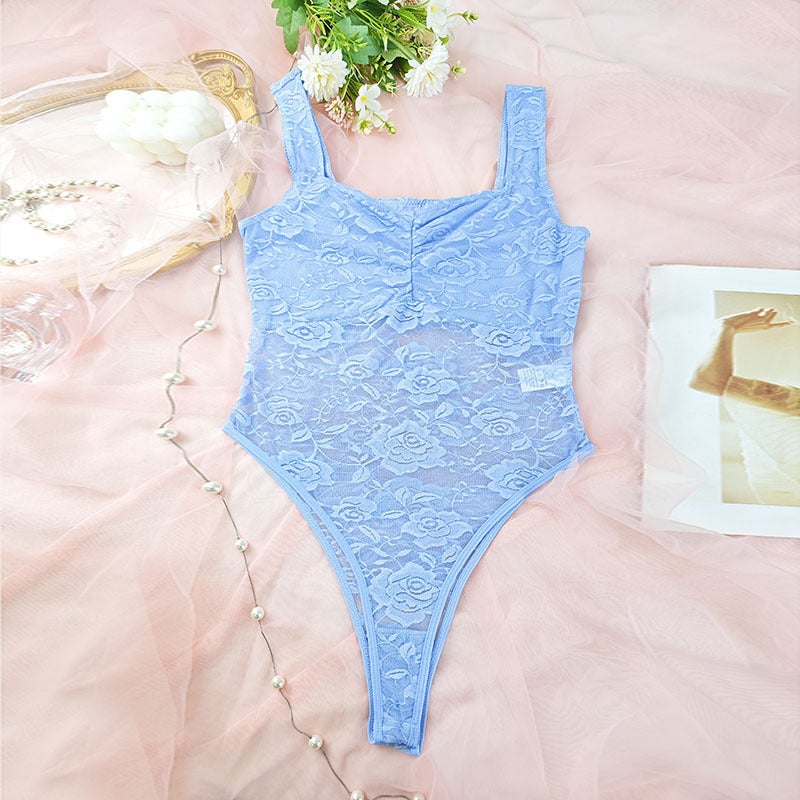 New Hot-selling Perspective Lace Stitching Sexy Multicolor All-match Outer Wear Beautiful Back Strap Hidden Buckle Bodysuit - Image 4
