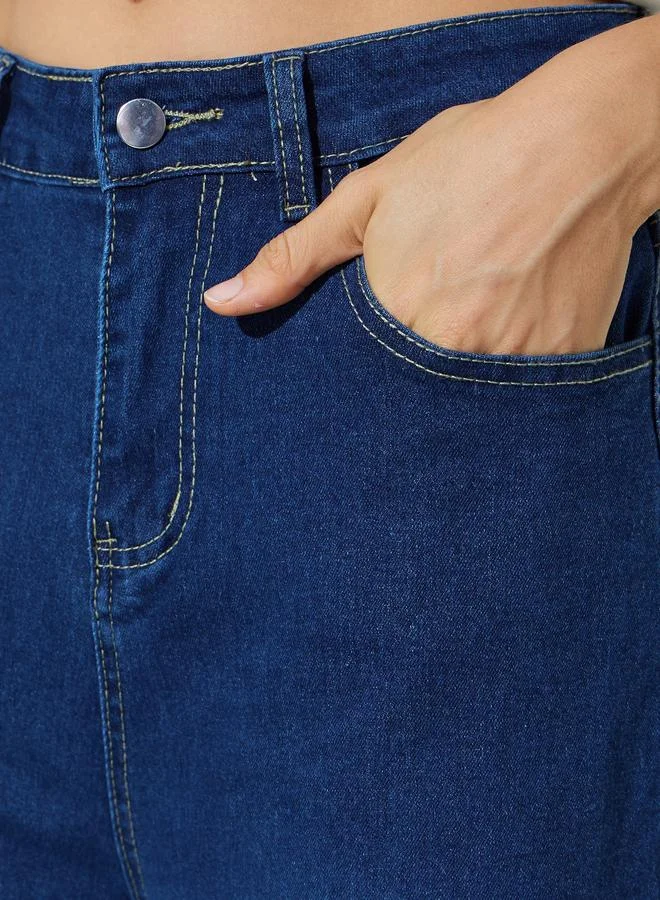 Styli Dark Blue Dark Blue Wide Leg Faded Jeans for Women | Best Price UAE