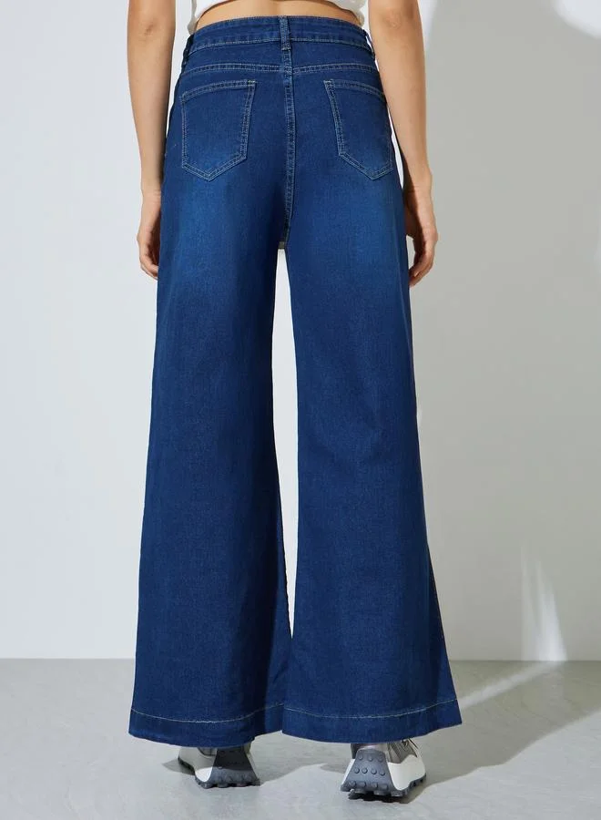 Styli Dark Blue Dark Blue Wide Leg Faded Jeans for Women | Best Price UAE