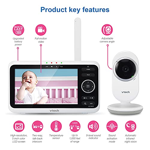 VTech Baby Monitor No WiFi 5 Color Screen 12Hour Battery Night Vision Temperature Sensor 2Way Talk Lullabies 1000ft Range VM350 - Image 3