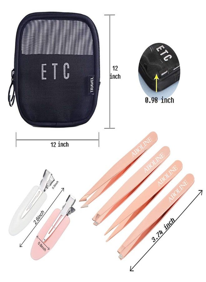 ABOLINE Tweezers For Women, ABOLINE 4 PCS Professional Slant Tip Tweezer Set Great Precision Tweezers for Ingrown Hair, Eyebrows Plucking,Best Precision with Travel Bag and No Bend Hair Clips(Rose Golden) - Image 5