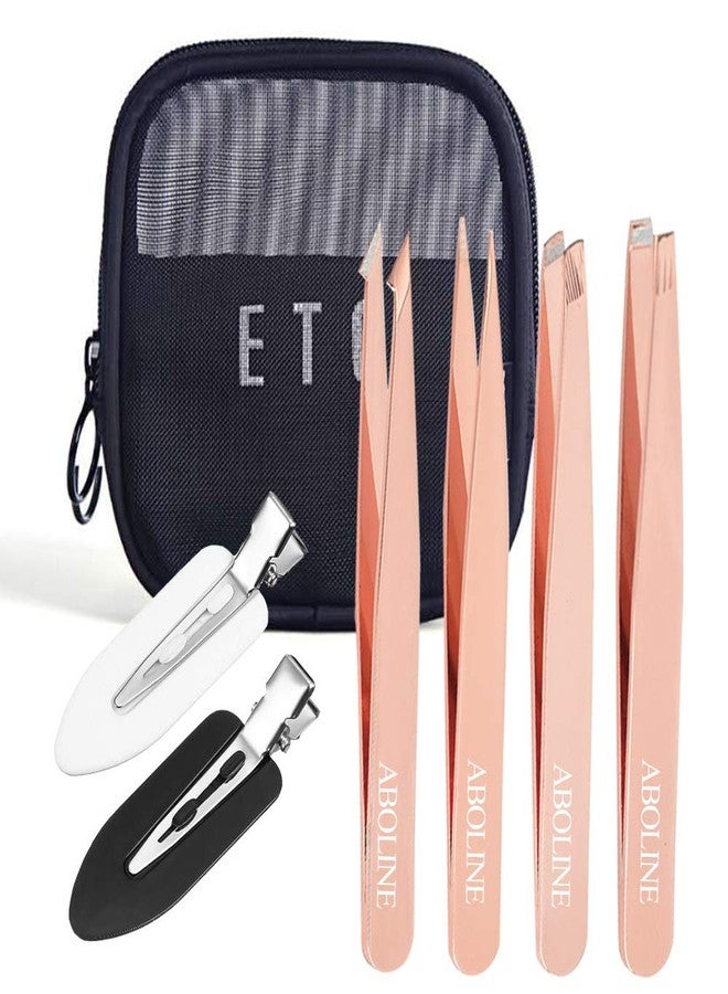ABOLINE Tweezers For Women, ABOLINE 4 PCS Professional Slant Tip Tweezer Set Great Precision Tweezers for Ingrown Hair, Eyebrows Plucking,Best Precision with Travel Bag and No Bend Hair Clips(Rose Golden) - Image 1