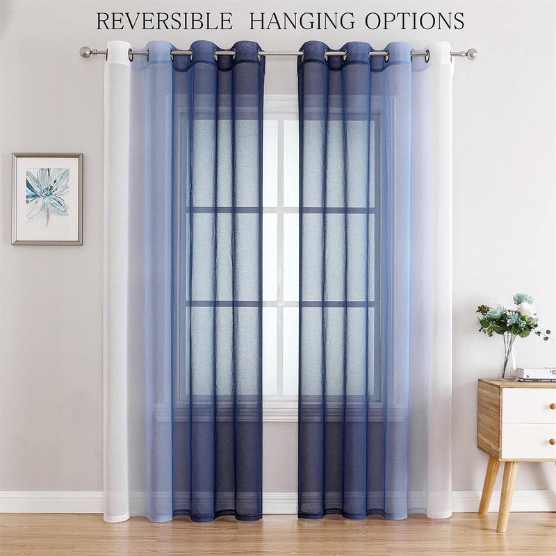 G2000 Sheer Curtains & Drapes 95 Inch Navy Blue & White Ombre Bedroom & Living Room Window Curtains With Light Filtering & Grommet For Patio Sliding Glass Door - 2 Panels - Image 2