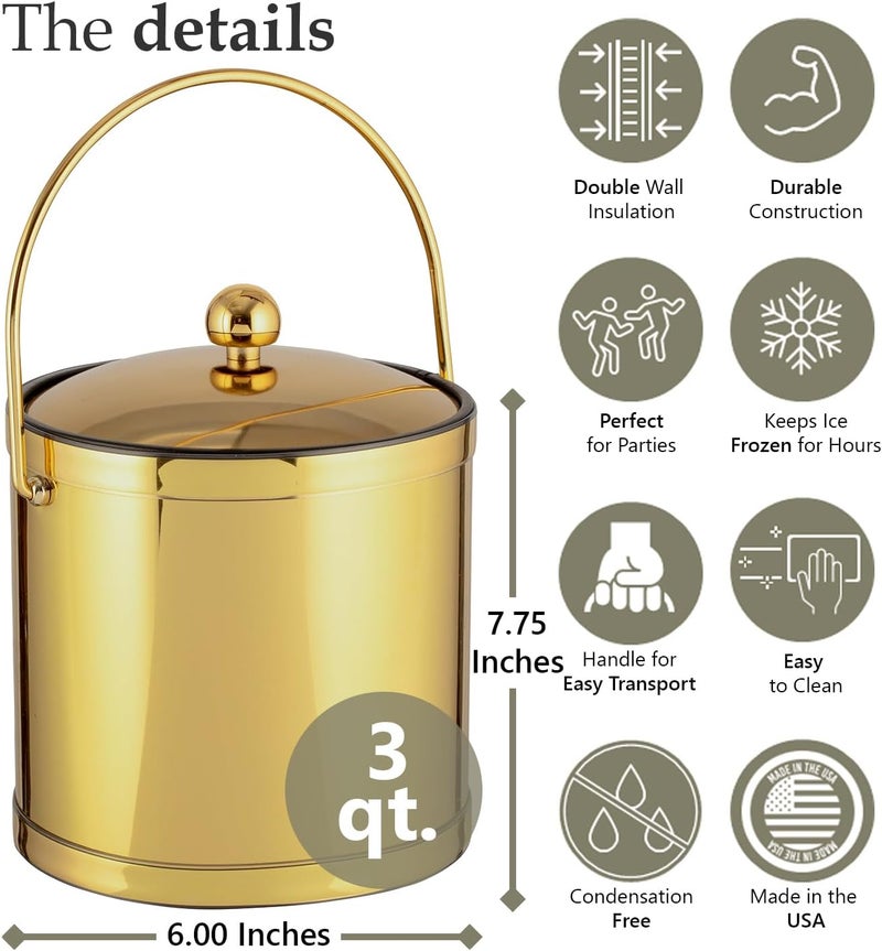 Kraftware Polished Brass Ice Bucket with Metal Lid - Double Wall Construction, 3 Quart Capacity - Image 4