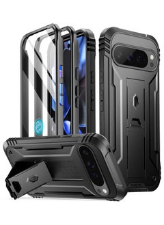 Poetic Revolution Case for Google Pixel 9 Pro XL 5G 6.8 inch, Built-in Screen Protector Work with Fingerprint ID, Full Body Military Grade Rugged Shockproof Protective Cover Case with Kickstand, Black