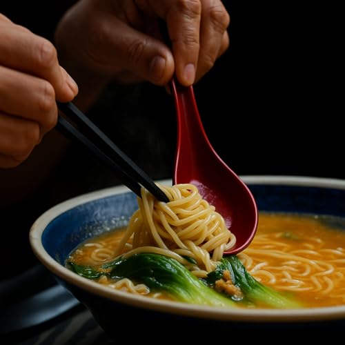 JapanBargain 2384, Chinese Soup Spoons Asian Japanese Chinese Wonton Soba Rice Pho Ramen Noodle Soup Spoons, Black/Red, Set of 2 - Image 4