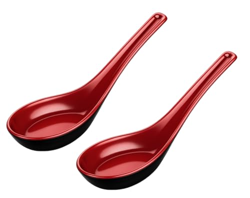 JapanBargain 2384, Chinese Soup Spoons Asian Japanese Chinese Wonton Soba Rice Pho Ramen Noodle Soup Spoons, Black/Red, Set of 2 - Image 1