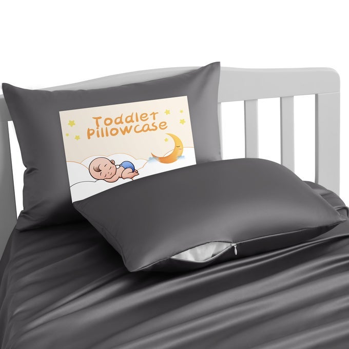 ZIPPERED SILK SATIN TODDLER PILLOWCASES 2 PACK HIDDEN ZIPPER 13X18 PILLOWCASES LUXURY AND SILKY BABY TRAVEL PILLOW COVERS DARK GREY