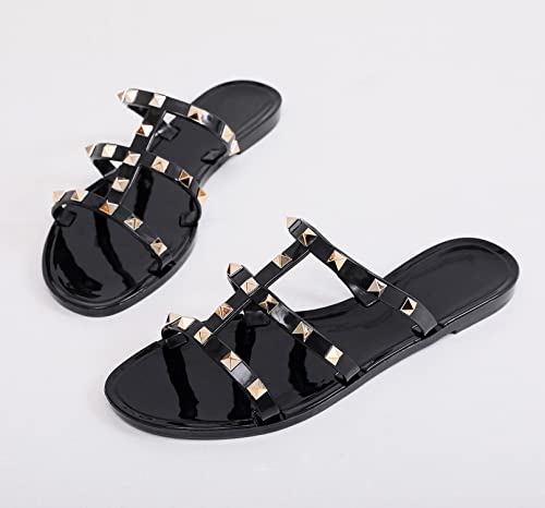 OMGard Jelly Shoes for Women Size 7.5, Black Studded Jellies Flat Sandals Summer Beach Rivets Strappy Slide Slip On Open Toes - Image 2