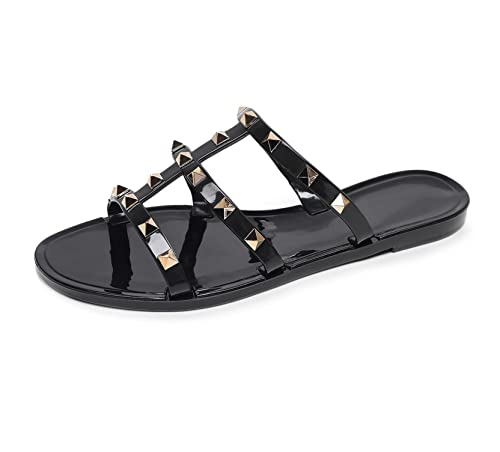 OMGard Jelly Shoes for Women Size 7.5, Black Studded Jellies Flat Sandals Summer Beach Rivets Strappy Slide Slip On Open Toes - Image 1