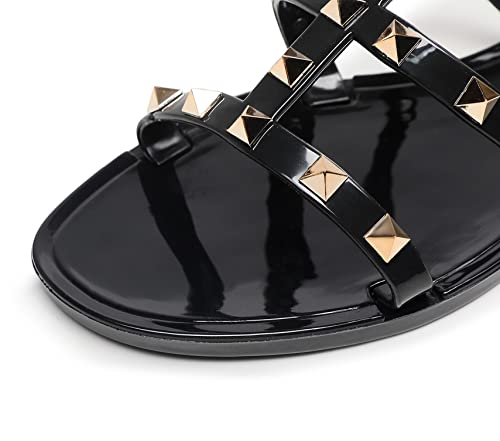 OMGard Jelly Shoes for Women Size 7.5, Black Studded Jellies Flat Sandals Summer Beach Rivets Strappy Slide Slip On Open Toes - Image 5