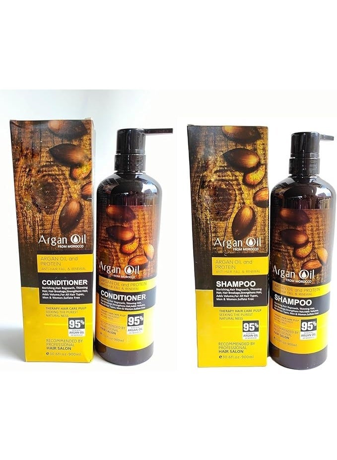 Protein queen Argan-Oil of Morocco SHAMPOO & CONDITIONER  (Anti-Hair Fall & Renewal), Sulfate Free, Perfect for Damaged, Dry, Curly, Frizzy Hair - Thickening Formula for Fine/Thin Hair, Keratine Treat for Hair. - Image 1
