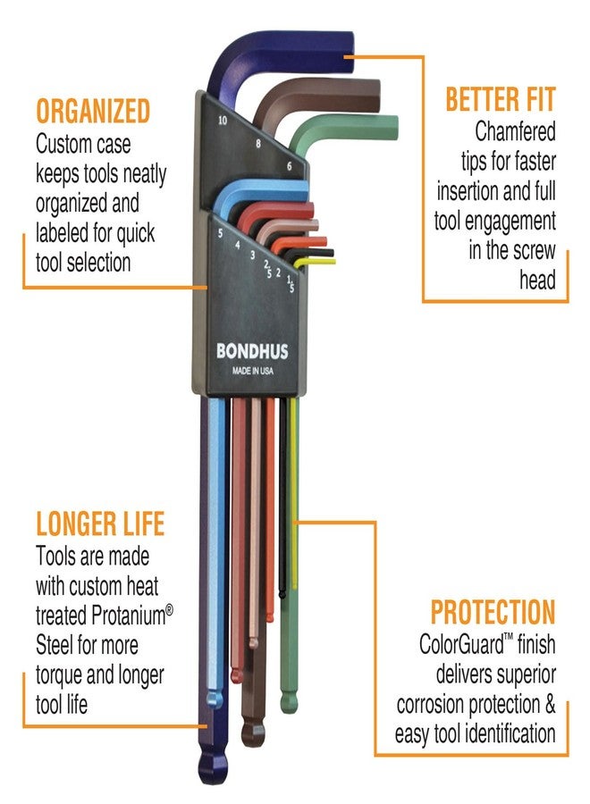 Bondhus 69499 Ball End L-Wrench Set w/ColorGuard Finish, 9 Piece, Multicolor, One Size - Image 3