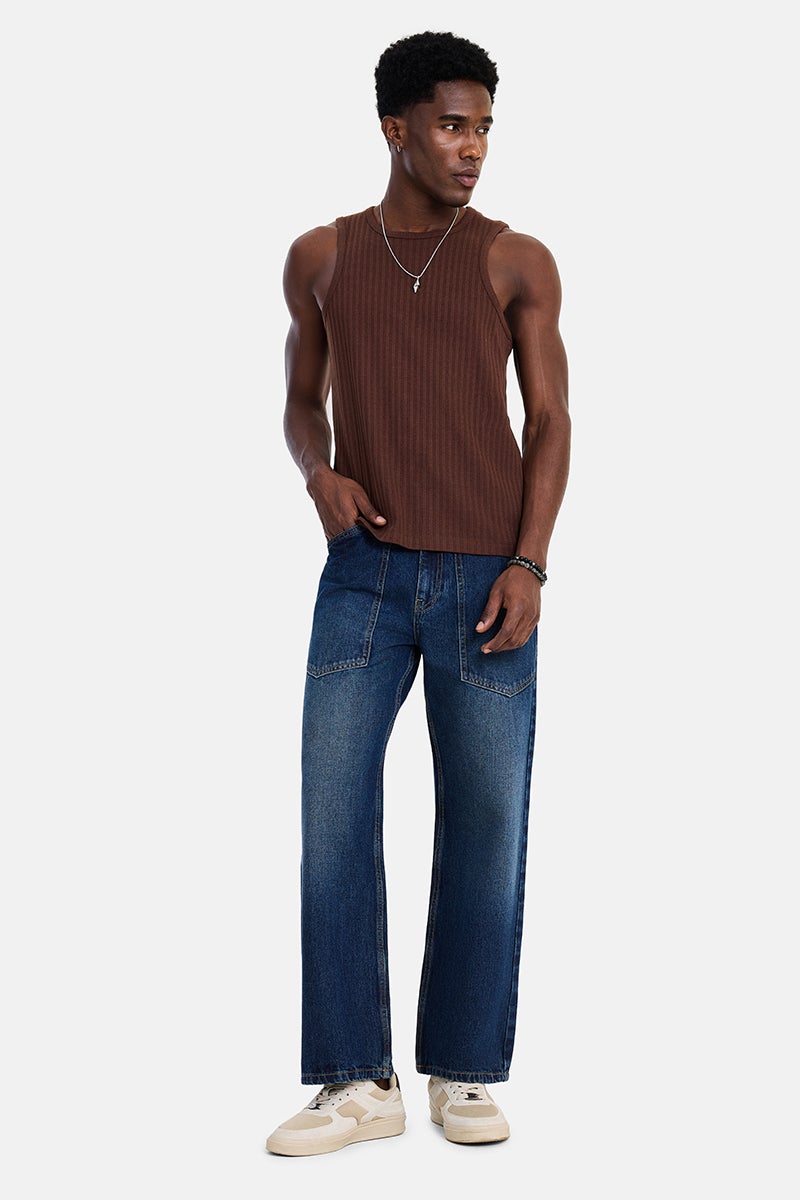 SNITCH Dark Blue Solid Loose Fit Streetwear Jeans - Image 3
